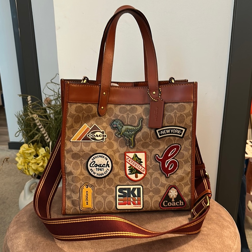 Coach Tan and Brown Tote with Fun Patches